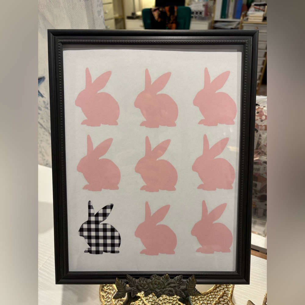 Pink and Black Gingham Bunny Framed 8x10 Wall Art
